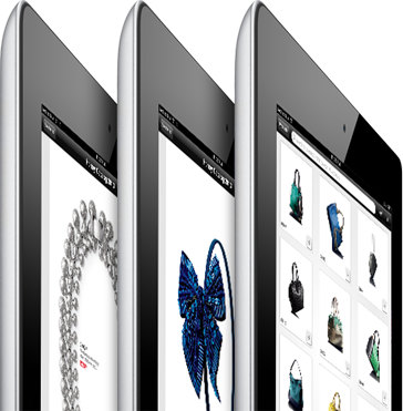 Three tablets showing the Onsight catalogue app