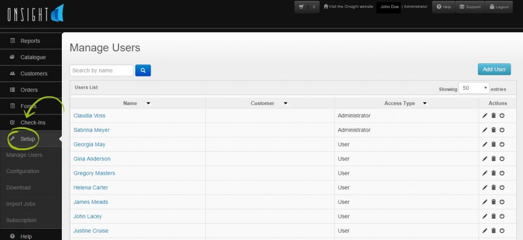 Setup Menu - Onsight Admin Console